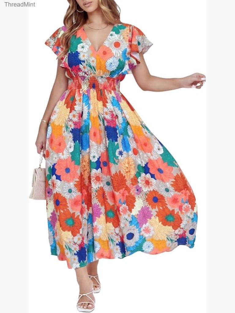Summer Floral Maxi Dress V-Neck Ruffle Sleeve Wedding Guest Party Boho